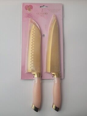 Paris Hilton 2 Pc Cutlery Knife Set Chef Santoku Blush Pink Gold Fairy Glitter